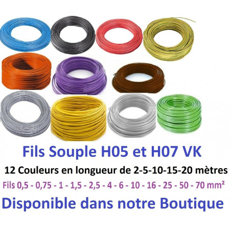 Câble , fil HO7 VR 16 mm²  vert jaune pour prise et mise à la terre 5 mètres