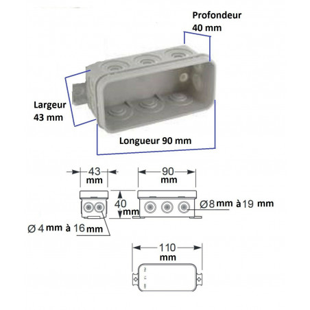 Boite de dérivation étanche 90 x 43 x 40 mm type mini boite de