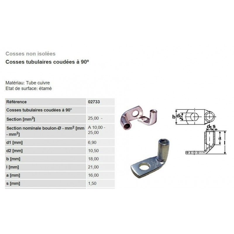 Cosse électrique à sertir coudée 90° type 6-10-16-25 mm²  lot de 2-5-10 pièces