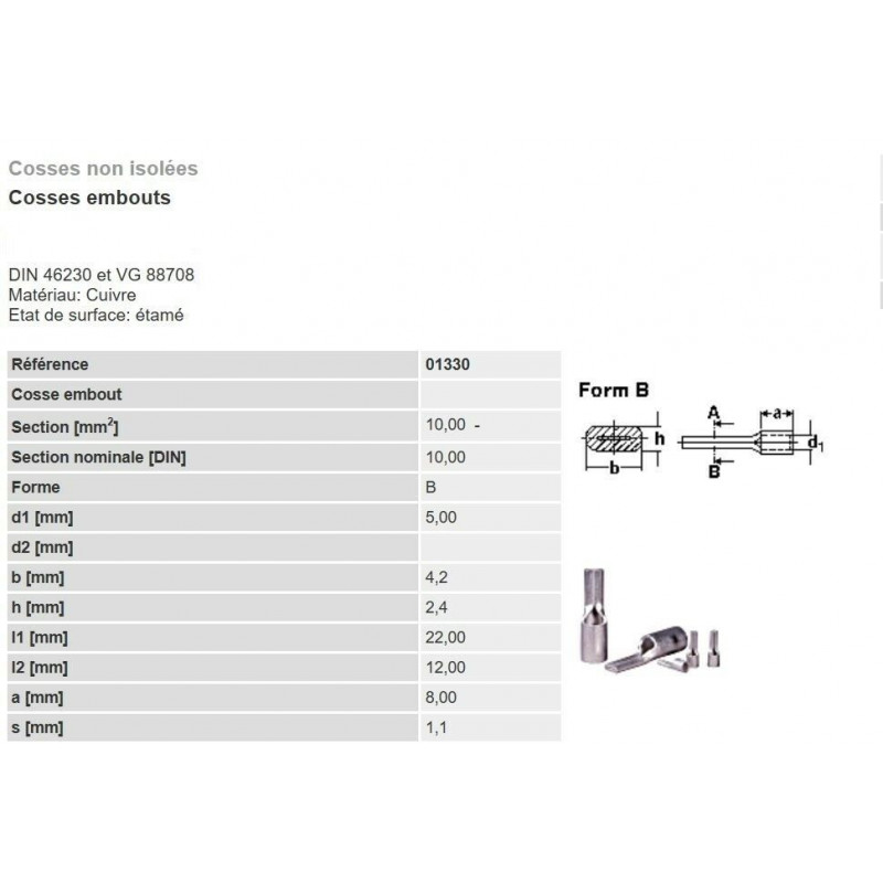 Cosse electrique nue à sertir à embout plat 10-16-25 mm²  lot de 2-5-10 pièces