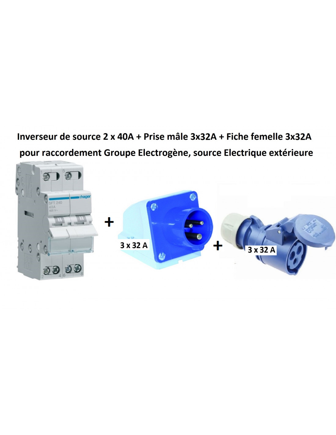 Inverseur de source Monophasé 40A + 1 Prise mâle 3x32A + 1 Fiche femelle  3x32A