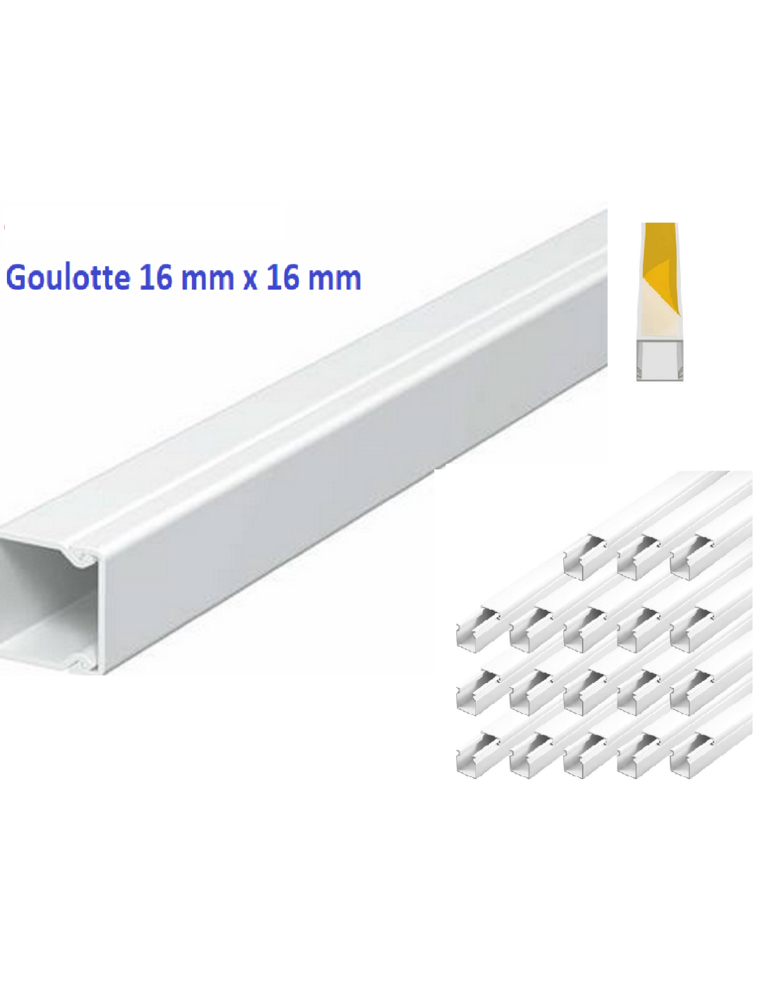 18 m Goulotte moulure électrique PVC 16 mm x 16 mm Blanc -Autocollante -  longueur 1 m ( soit 2,08 € ttc le m)