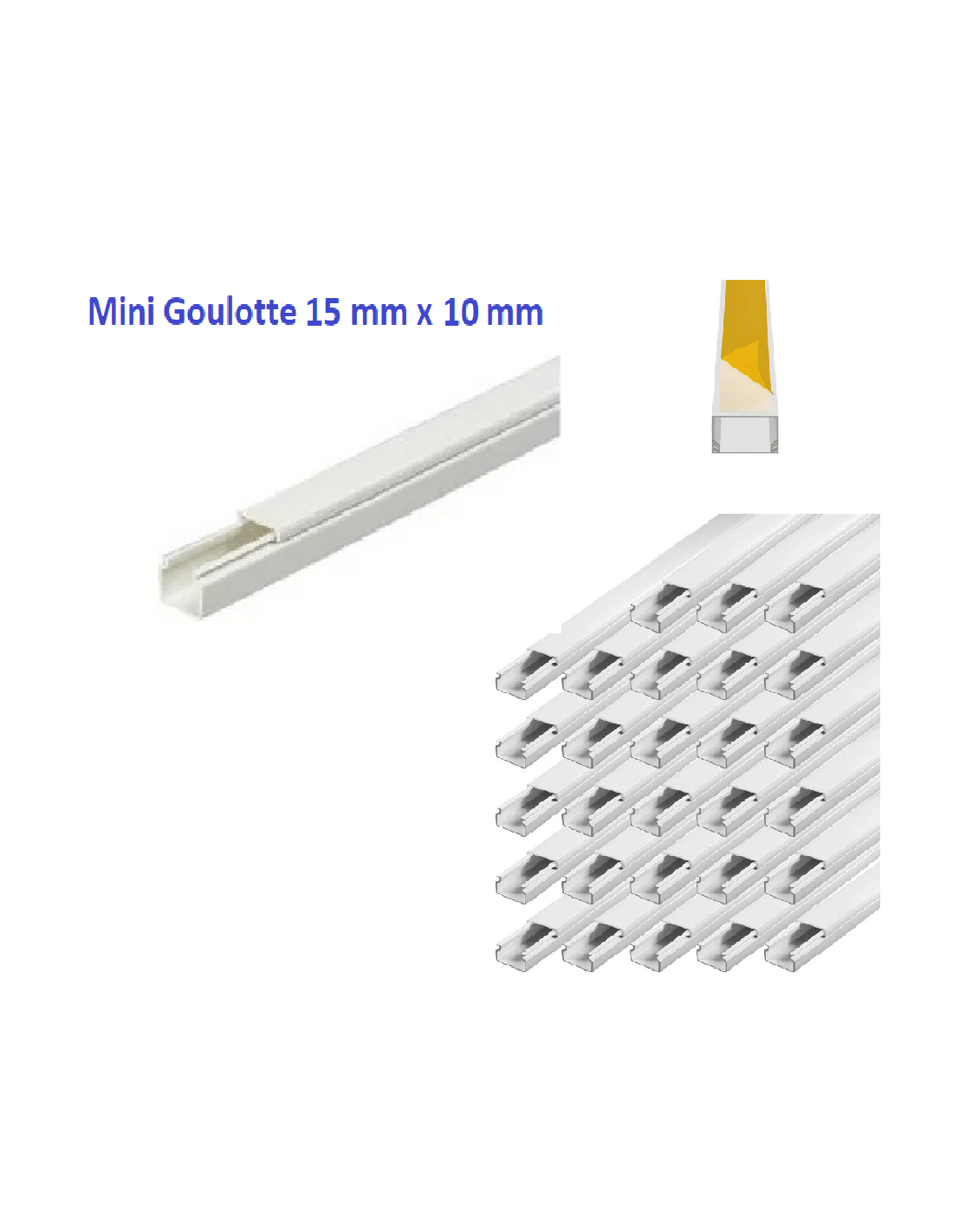 28 m Mini Goulotte moulure électrique PVC 15 mm x 10 mm Blanc -Autocollante  - longueur 1 m ( soit 1,28 € ttc le m )